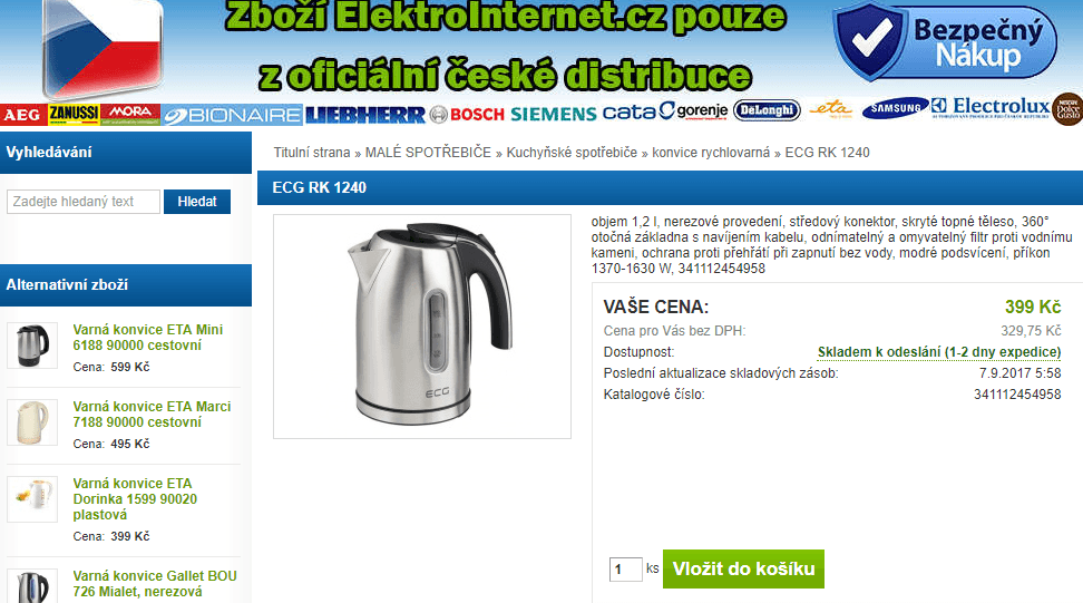 Rychlovarná konvice ECG RK 1240, 1,2 litru