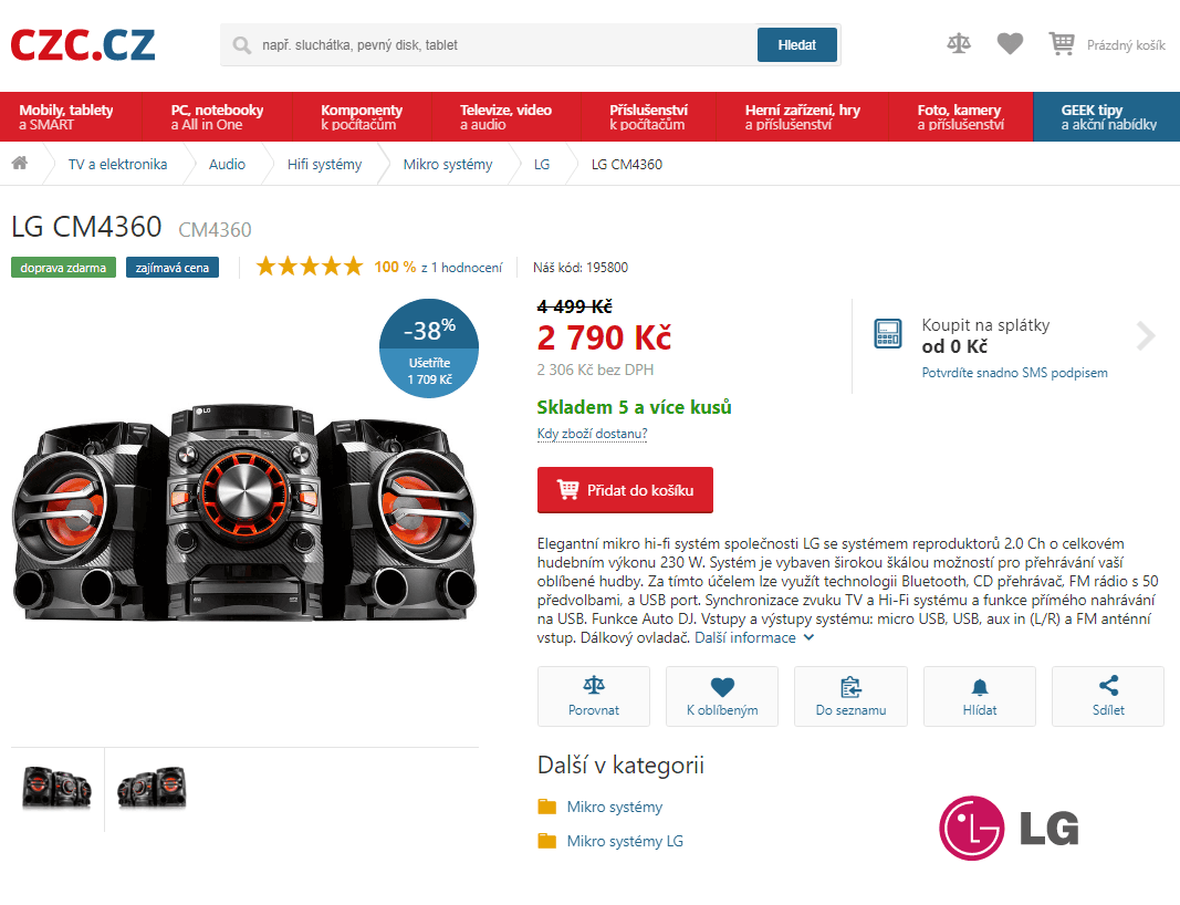 Audio systém LG, CD, BT, 230 W