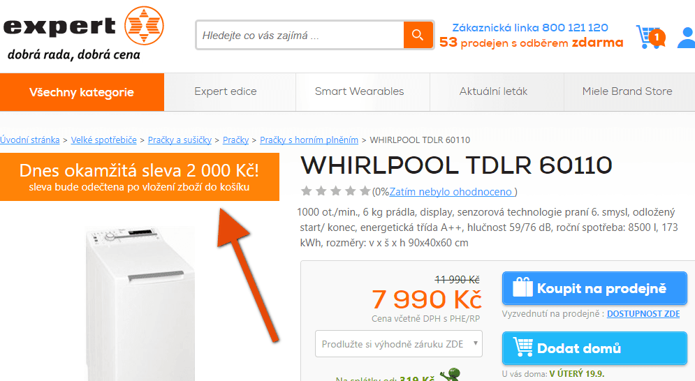 Pračka Whirlpool, 6kg, 1000 ot., A++