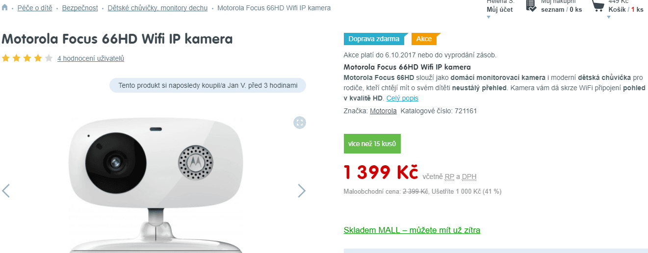 Wifi kamera Motorola, detekce, noční vidění, HD