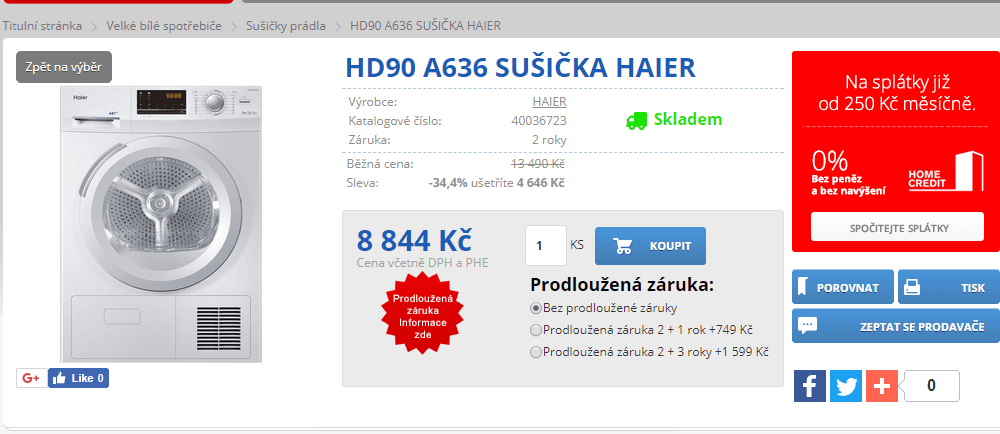 Sušička prádla Haier, 9kg, 16 pr., A++