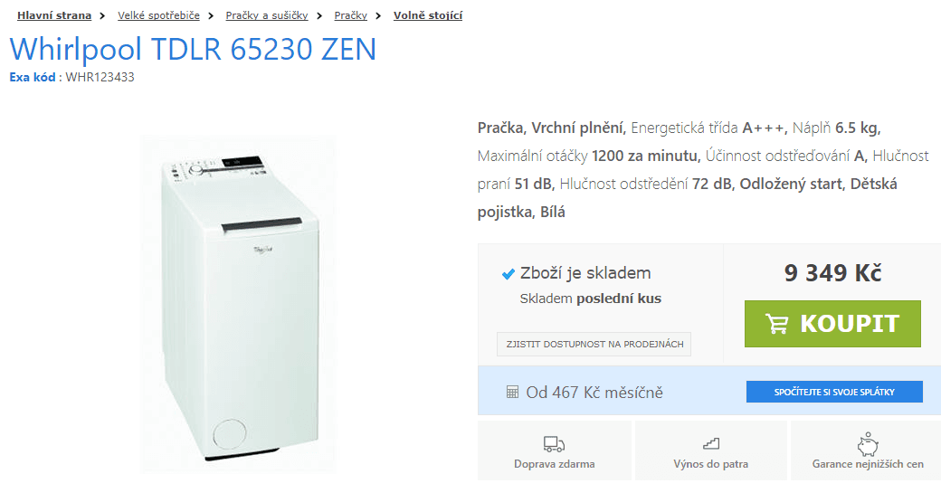 Poslední kus, Whirlpool, 6,5kg, 1200 ot.