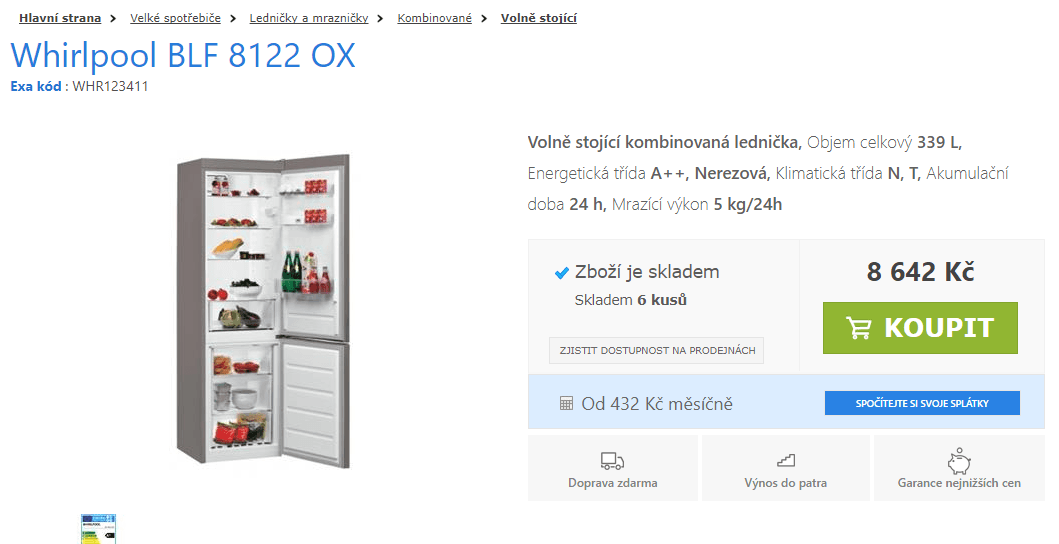 Lednice Whirlpool, A++, LED, nerez, 188 cm