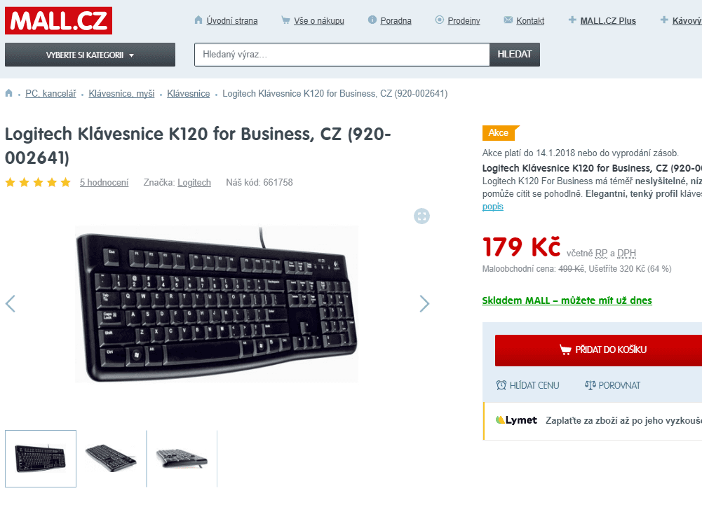 Logitech Klávesnice K120, USB, CZ