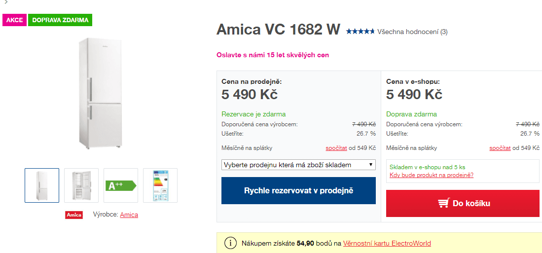 Lednice Amica, A++, 170 cm
