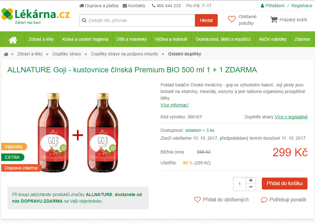 Goji BIO šťáva Allnature 500ml