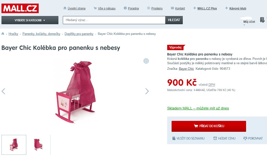 Kolébka pro panenku s nebesy Bayer Chic 