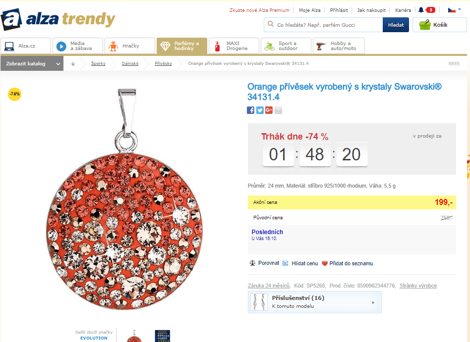 Stříbrný přívěsek s krystaly, Orange