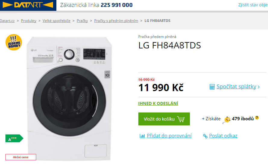 Parní pračka LG, 8kg, 1400 ot., A+++