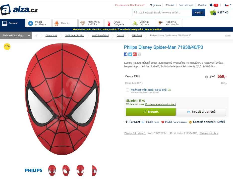 Nástěnná LED lampa Spider Man, Philips