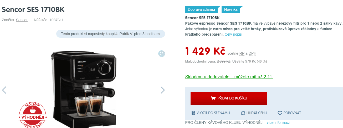Pákové espresso Sencor, 2 šálky