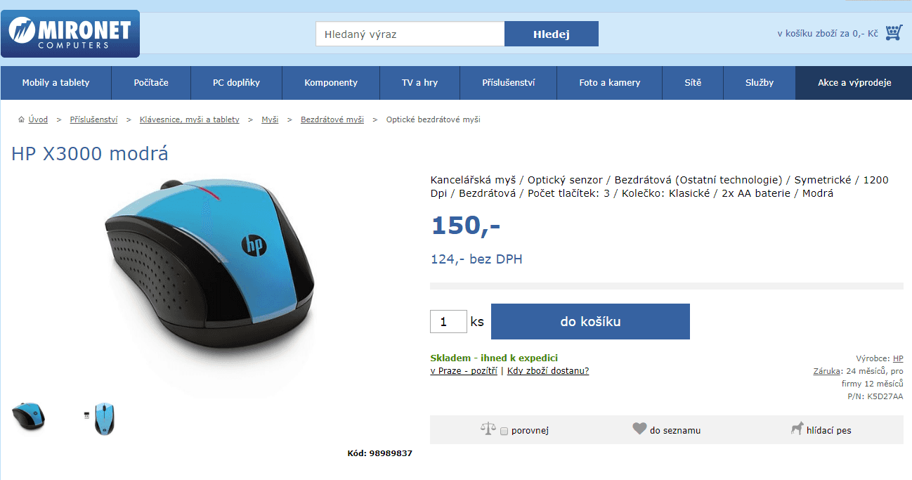 Bezdrátová myš X3000 HP
