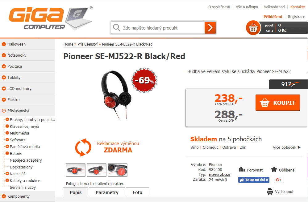 Sluchátka Pioneer SE-MJ522 - 2 barvy