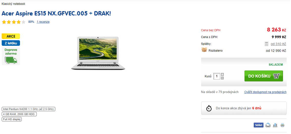 Acer, až 2,5GHz, 4GB RAM, 2TB HDD, 15,6"