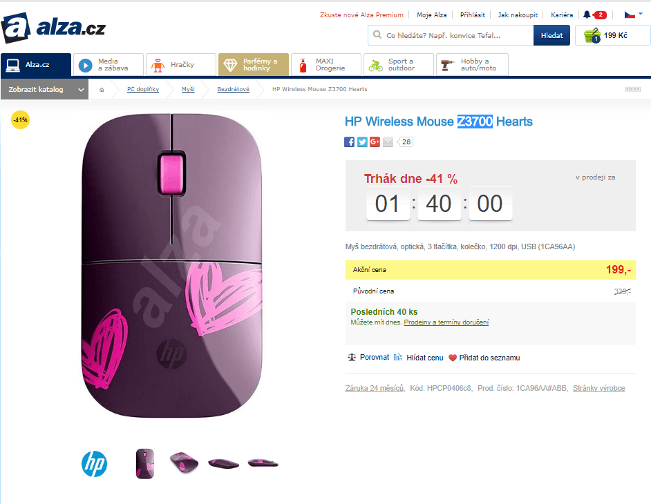 Bezdrátová myš HP, optická, 3 tlačítka
