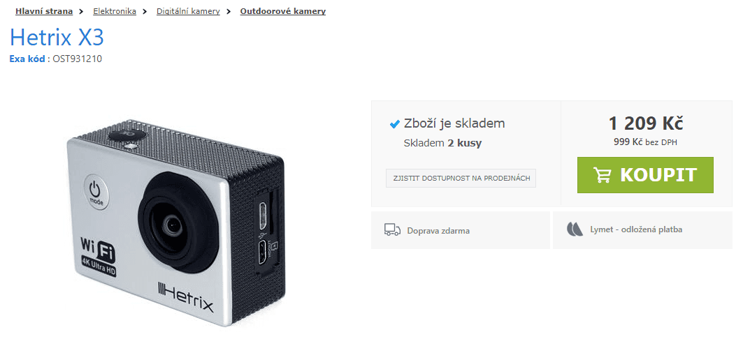 2ks - akční kamera Hetrix, Wifi, 16MPx