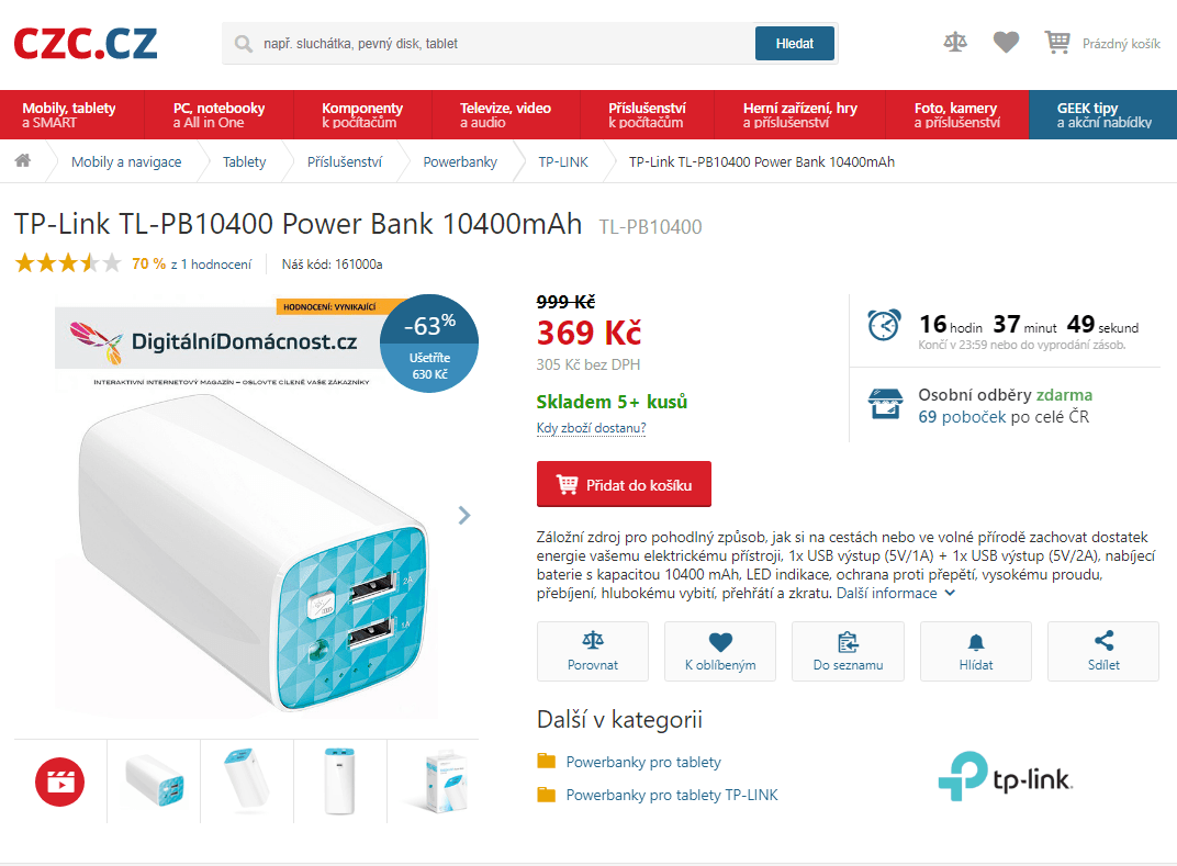 Powerbanka TPLINK 10400mAh, svítilna