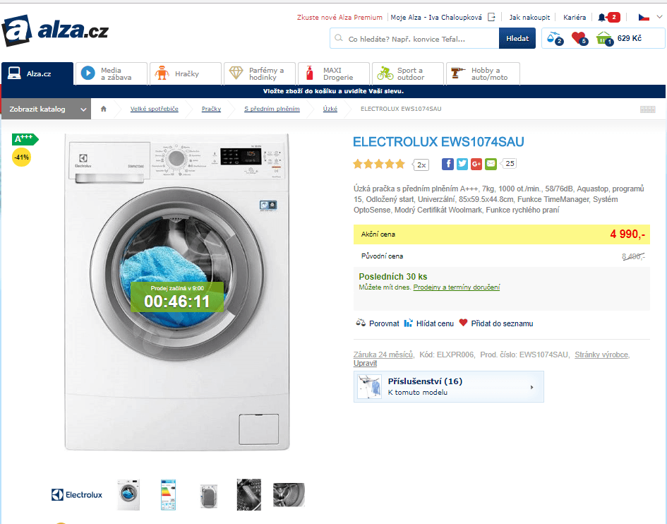 Pračka Electrolux, 6kg, 1000 ot., A+++