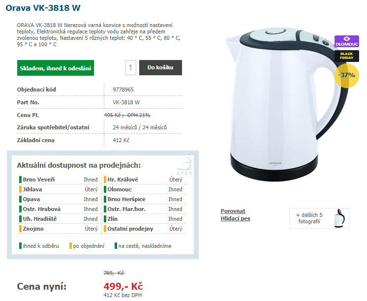 Rychlovarná konvice Orava, nastavení teploty, 1,8l