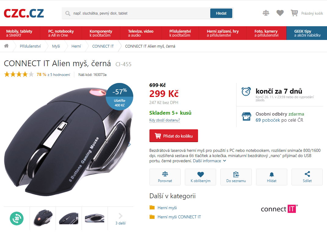 Bezdrátová laserová herní myš Connect 