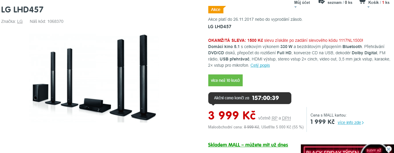 Domácí kino 5.1 LG LHD457, 300W
