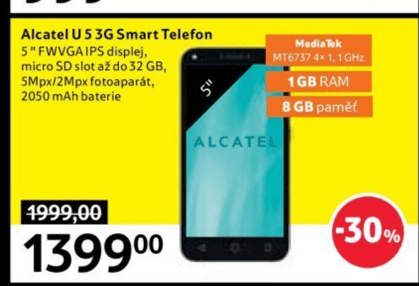 Alcatel, 4x 1,3GHz, 1GB RAM, 5", dual