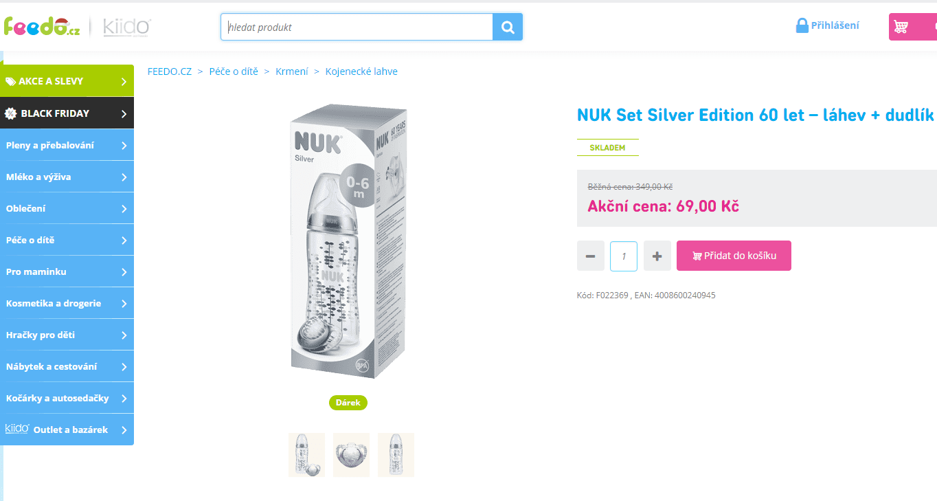 NUK set silver (láhev+dudlík) 0-6 měsíců