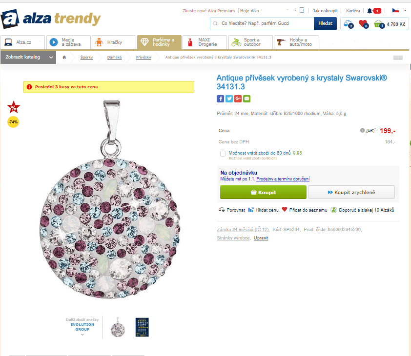 Stříbrný přívěsek s krystaly, Antique