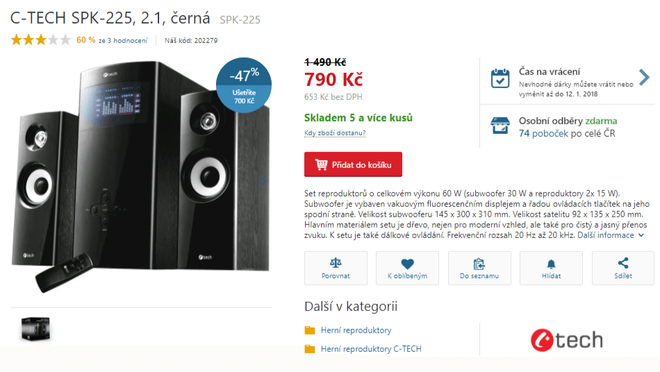 Set reproduktorů C-Tech, 60W, dálkové ovládání