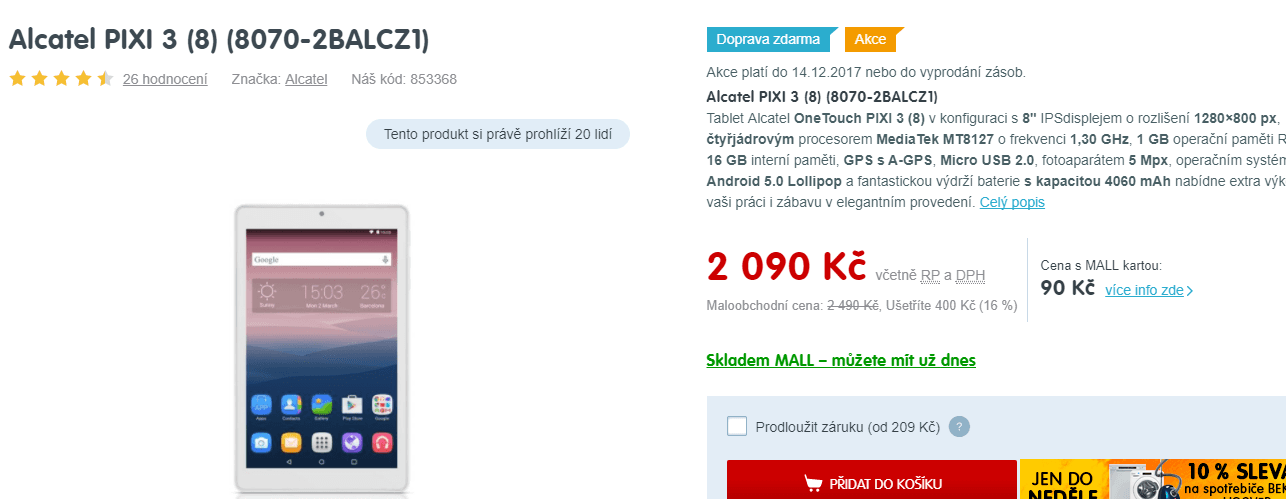 Tablet Alcatel, 4x 1,3GHz, 1GB RAM, 8"