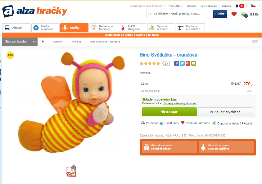 Panenka Bino Světluška - oranžová, 27 cm