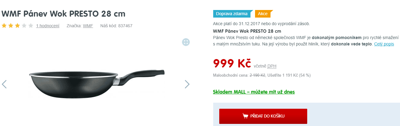 Wok pánev WMF, 28 cm, výška 8 cm