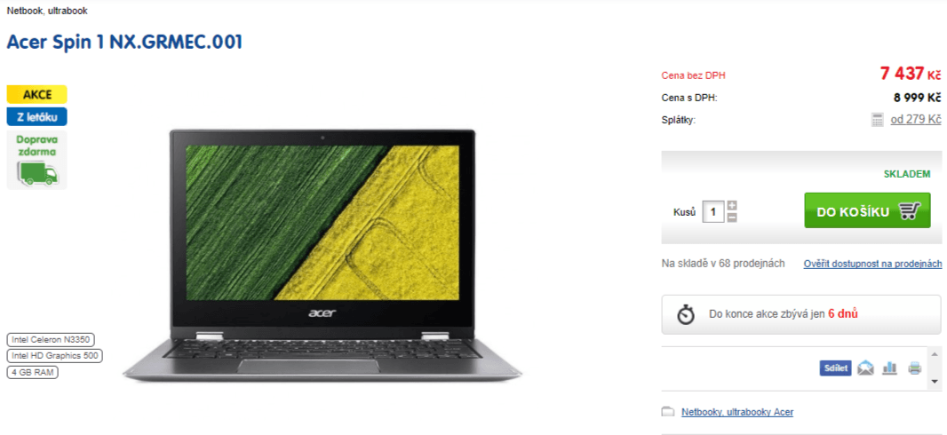 Acer Spin, 2,4GHz, 4GB RAM, 11,6"