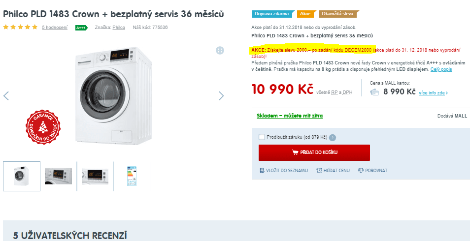 Pračka Philco, 8kg, A+++, 1400 ot.