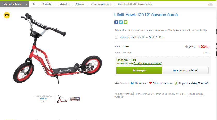 Koloběžka Lifefit HAWK červeno-černá