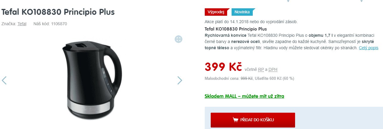 Rychlovarná konvice Tefal Principio, 1,7 litru