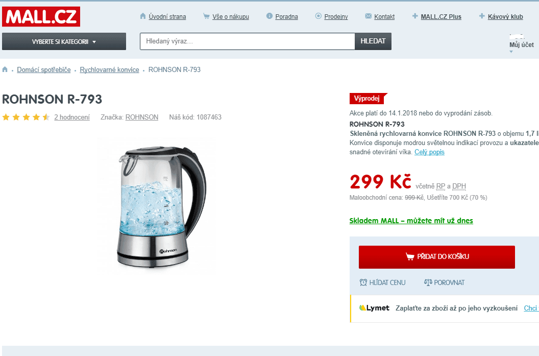 Skleněná rychlovarná konvice Rohnson, 1,7 l