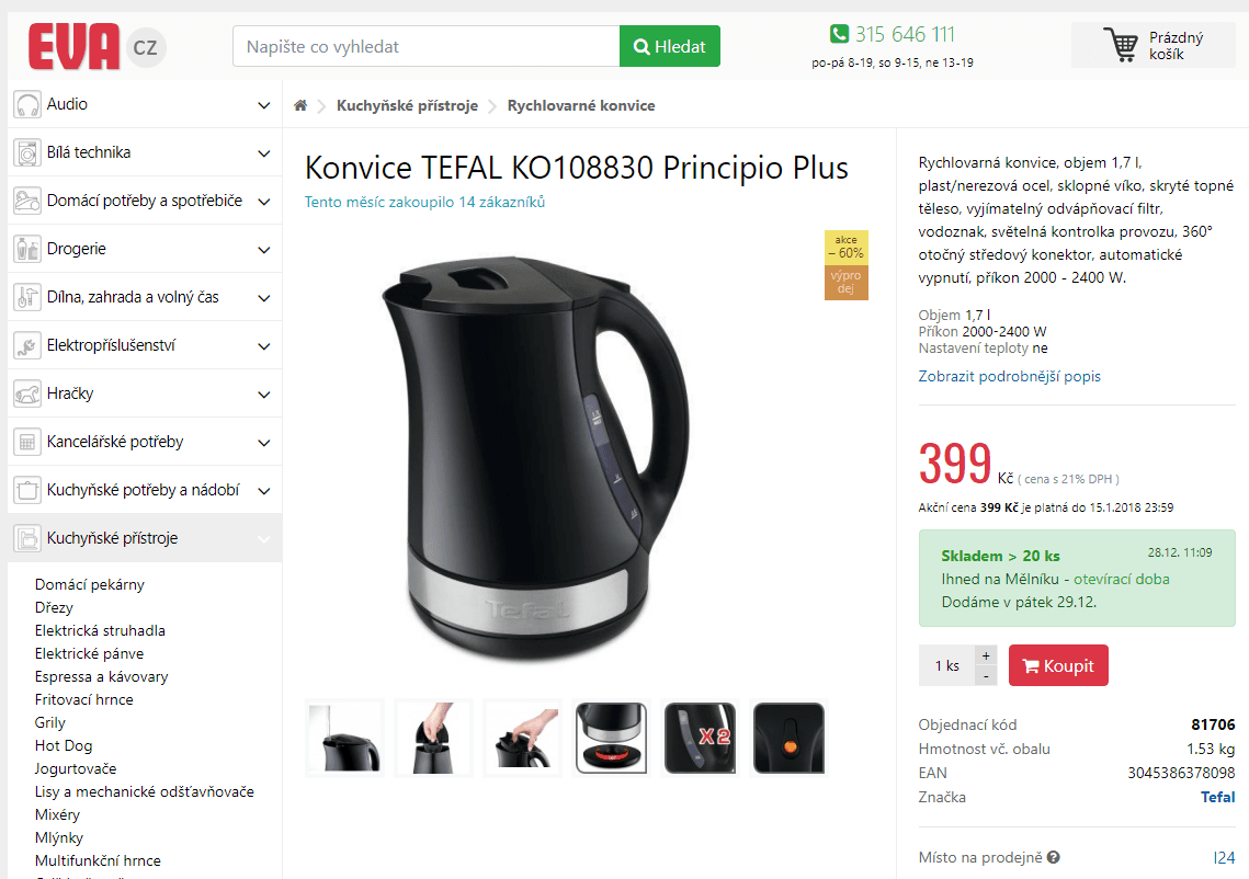 Rychlovarná konvice Tefal Principio, 1,7 litru