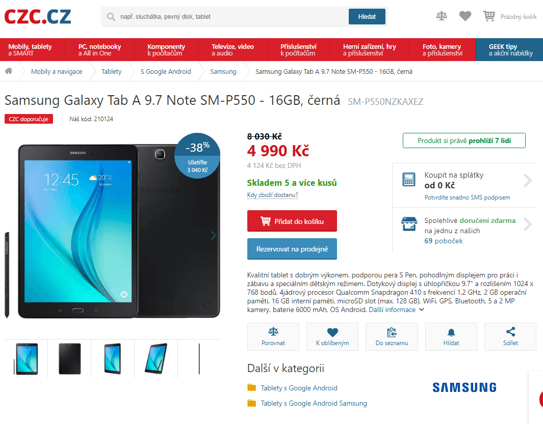 Tablet Samsung, 4x 1,2GHz, 2GB RAM, 9,7"
