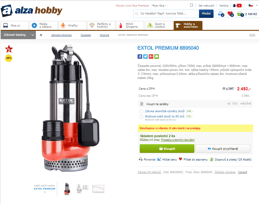 Čerpadlo ponorné Extol Premium, 750W