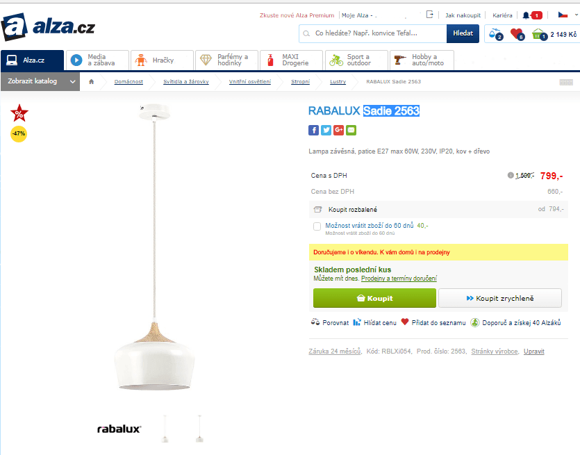 Lampa závěsná Rabalux Sadie 2563