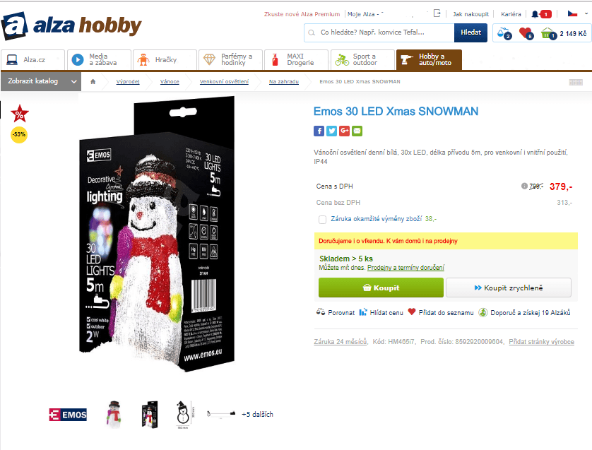 Vánoční dekorace Emos sněhulák, 30 LED