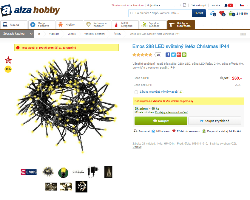 Vánoční osvětlení řetěz 288 LED,  teplé bílé