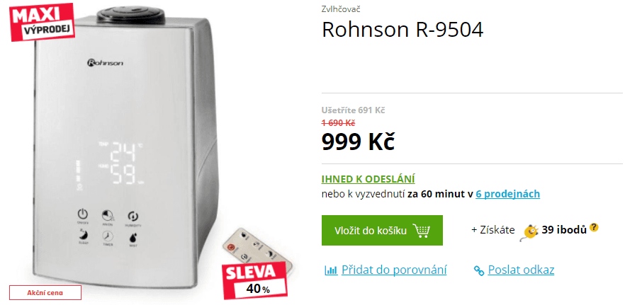 Ultrazvukový zvlhčovač vzduchu Datart, ionizátor