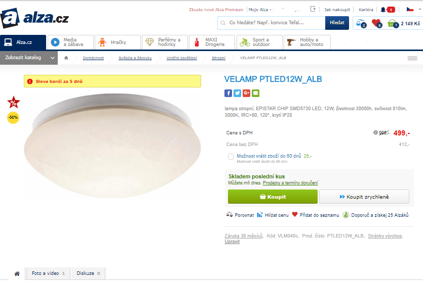 Stropní svítidlo Velamp LED, 12W
