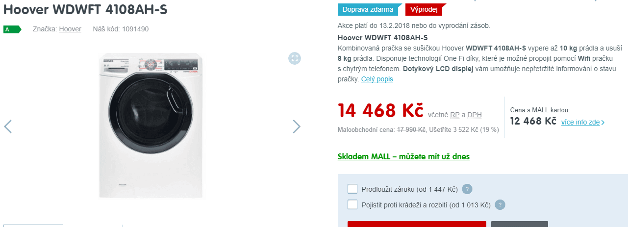 Pračka se sušičkou Hoover 10/8kg, 1400 ot.