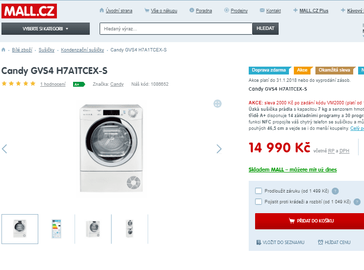 Kondenzační sušička Candy, 7kg, A+, NFC