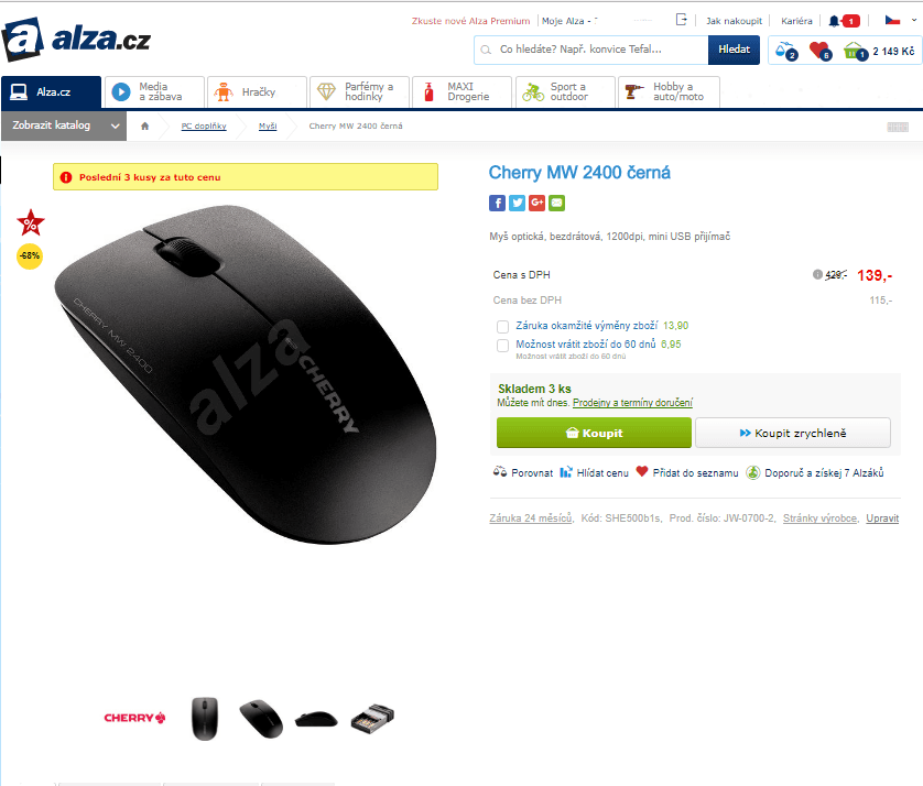 Bezdrátová myš optická Cherry MW 2400