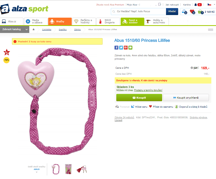 Dětský zámek na kolo ABUS Princess
