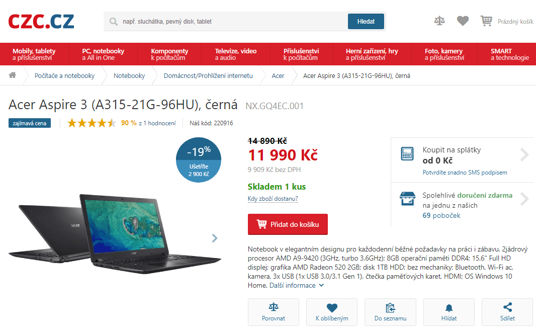 Acer, 3,6 GHz, 8 GB RAM, 2GB grafika, 15,6"